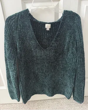A New Day Dark Emerald Green Velvet Knit Chunky V-Neck Sweater Size Medium thumbnail 1