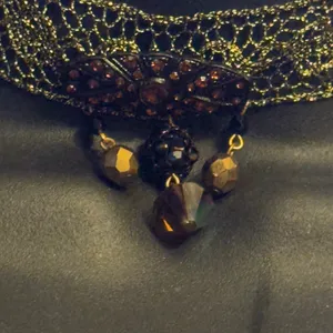 Vintage metallic gold lace choker necklace with crystal dangles thumbnail 2