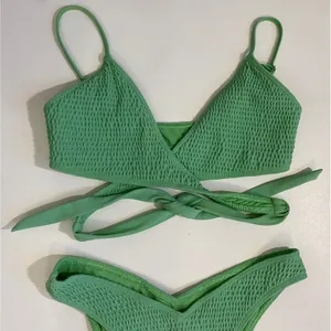 Hollister Sage Green Textured Triangle‎ Wrap Bikini Set S Top XS Cheeky Bottoms thumbnail 2