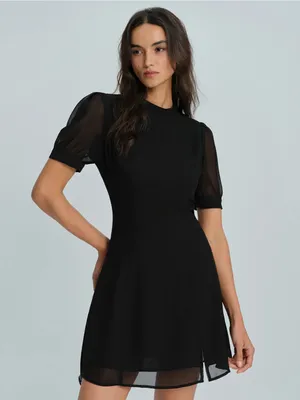 Rihoas Black Mock Neck Elegant Black Puff-Sleeve Mini Dress thumbnail 4