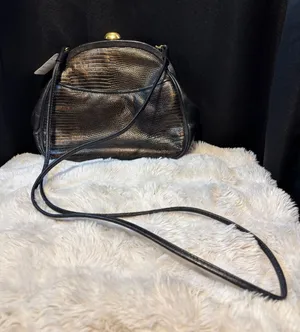 Jones New York Vintage Bronze Lizard Embossed Leather Crossbody Bag Kiss Lock thumbnail 1