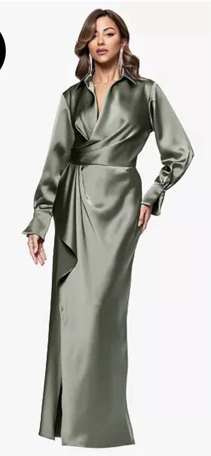 Xscape "EMERY" SATIN LONG SLEEVE COLLARED DRESS Size 8 Green thumbnail 1