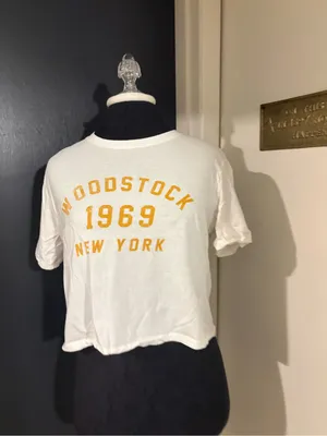 one clothing 100% Cotton White Crop Tee with Yellow Woodstock 1969 Print thumbnail 2