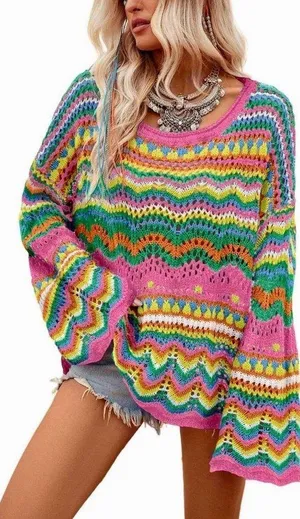 Ecosunny Women's Sweaters Long Sleeve Crew Neck Color Block Striped Hollow thumbnail 1