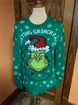 The Grinch Resting Grinch Face Christmas Ugly Sweater Green Medium Dr Seuss thumbnail 6