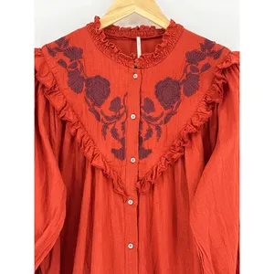 Free‎ People Rose Vines Top Women Small Rust Orange Embroidered Ruffle Smocked thumbnail 6