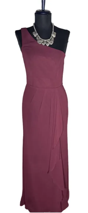 David's Bridal maxi dress formal prom chiffon one shoulder wine burgundy color 2 thumbnail 1