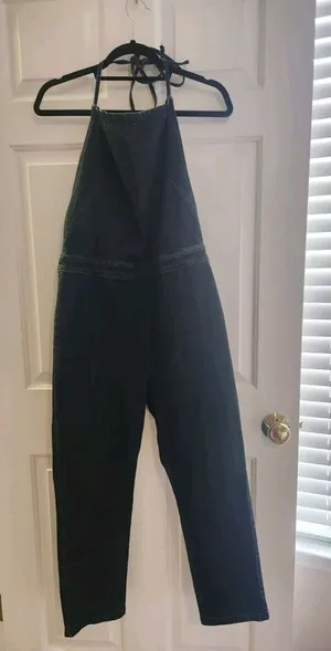Free People Overalls Women Size 12 Dark-wash Denim Halterall Overall Side Zip thumbnail 1