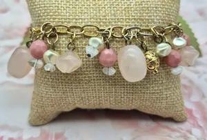 Premier Designs Dangle Charm Bead Bracelet Pink & White Accents Gold-Tone Chain thumbnail 1