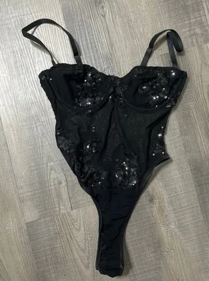 Sequin Mesh Bodysuit Black thumbnail 1