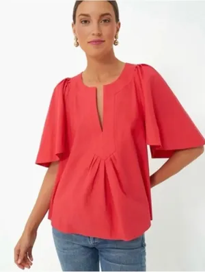 Pomander Place Tuckernuck‎ Finley Flutter Sleeve Notched Neck Pink Cotton Blouse thumbnail 1