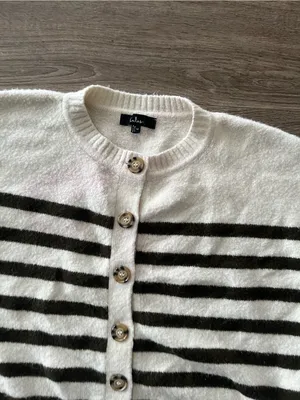 Lulus Knit Cardigan Womens Medium Ivory Olive Striped Fuzzy Wool Blend Cropped thumbnail 7