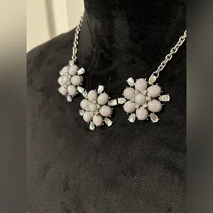 Blush Pink Rhinestone Floral Statement Necklace 3 Flower Bib thumbnail 3