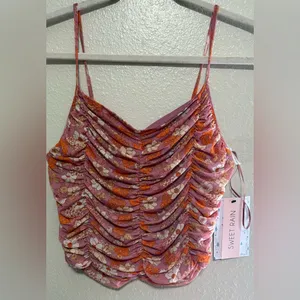 Sweet Rain Floral Ruched Camisole Tank Top | Pink Orange Summer Top | Size M thumbnail 2