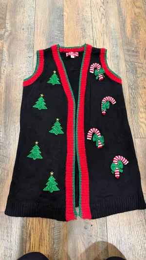 Christmas Embroidered Open Duster Cardigan Sweater Vest Size Medium Black thumbnail 2