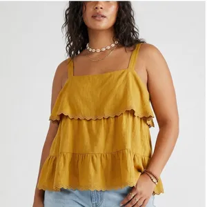White Birch Tiered Ruffle Solid Camisole Top Mustard Boho Lace Trim Size 1XL thumbnail 2