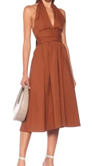 Staud Moana Flared Halterneck Dress In Tan Size: 6 thumbnail 1