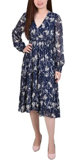 NWT Ny Collection Womens Long Sleeve Clip Dot Chiffon Dress Blue Floral S thumbnail 1