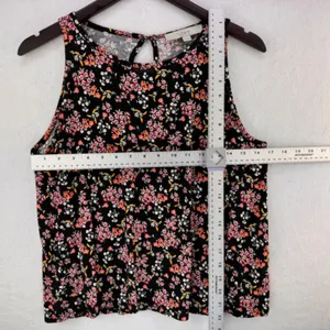Loft Tank Top Sz M Black multicolor flowers back keyhole gold button thumbnail 3