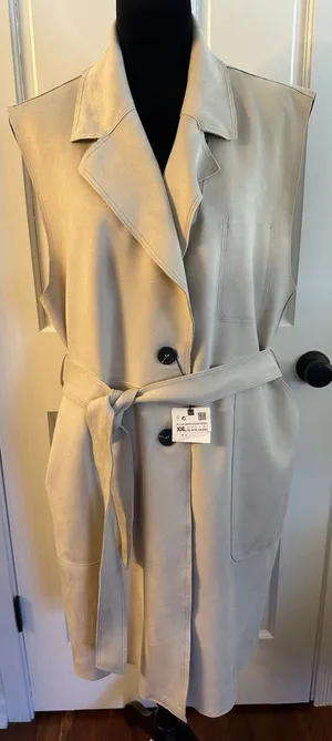 ZARA Faux Suede Sleeveless Trenchcoat Vest Womens XXL Beige Belted Long Line NEW thumbnail 1