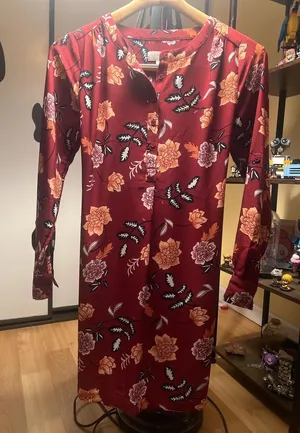 Loft Red and orange floral dress with long sleeves, button down front thumbnail 1