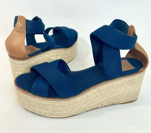 Tory Burch Frieda Espadrille Wedge Sandals in Navy Blue and Tan size 9 thumbnail 1