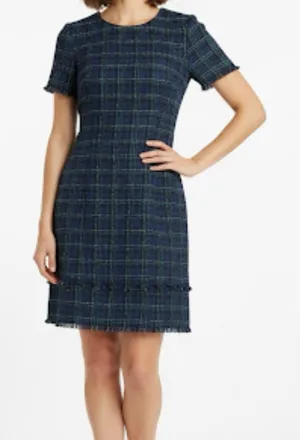 Sail to Sable Tweed Short Sleeve Shift Dress Tiered Hem Navy Blue/Green Size 6 thumbnail 1
