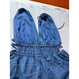 Indulge In Style Denim Jumpsuit XL Blue Wide Leg Halter V-Neck Smocked Waist thumbnail 2