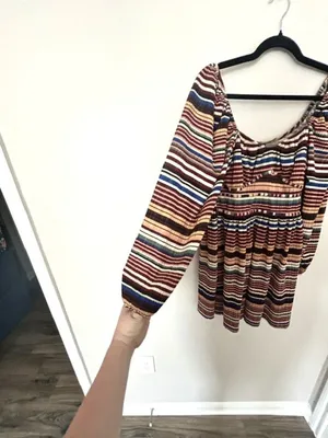 Zara Striped Babydoll Mini Dress Puff Sleeve Earthy Artsy‎ Festival Boho Medium thumbnail 9