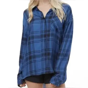 NWT!! WEWOREWHAT Boyfriend Shirt Plaid Navy Blue Collared Oversized Small Medium thumbnail 4