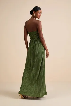 Oswin Olive Green Satin Plisse Strapless Maxi Dress thumbnail 3