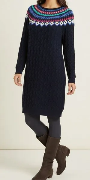 NWT Vineyard Vines‎ Fair Isle Cable Knit Sweater Dress L Lambswool Nordic Navy thumbnail 1