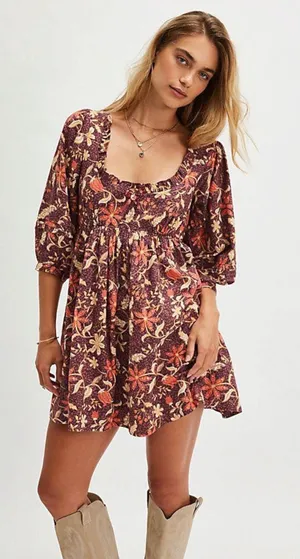 Free People Western Bohemian Dainty Lola Mini Dress Mocha Combo Large Floral NWT thumbnail 1