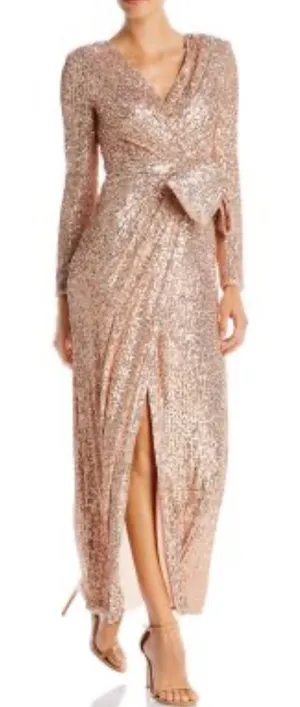 NWT Eliza J Sequin Wrap Front Long Sleeve Gown‎ Rose Gold Sz 8 $268 thumbnail 1