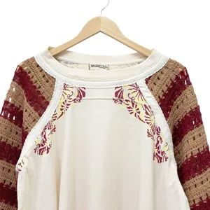 Free People Festival Ready Tee Crochet Sleeve Cream & Rust Knit Top Size Large thumbnail 9