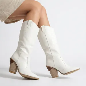 White Croc Embossed Pointed Toe Architectural Block Heel Tall Boots Size 10 41 thumbnail 1