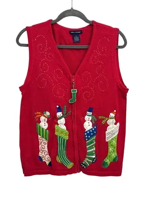 Vintage Holiday Ugly Christmas Sweater Grannycore Zip Up Vest Size Medium thumbnail 1