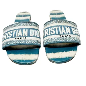 Christian Dior Dway Slides Deep Ocean Blue White Striped Canvas Sandals 37.5 thumbnail 3