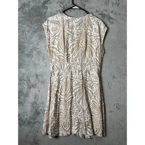 LOFT Linen Blend Beige Paisley Button Front Dress V Neck Summer Cottagecore 8‎ thumbnail 3