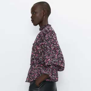Zara RUFFLED PRINT HIGH COLLAR BLOUSE Black/Pink thumbnail 2