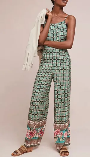 Farm Rio Green Floral Print Honolulu Wide Leg Pant Jumpsuit XS Anthropologie thumbnail 1
