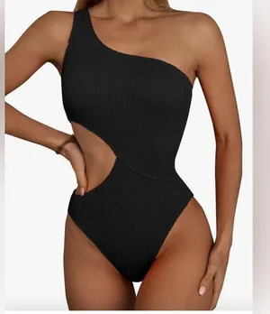 Woman’s New XL Elegant Black One-Shoulder Mokini Side Cut Out Textured Retro thumbnail 5