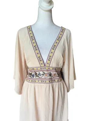 Lulus Reign Check Pale Peach Embroidered Dress Mini Boho Womens Medium NEW thumbnail 7