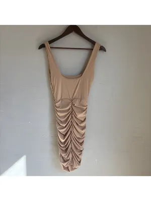 Saints + Secrets Womens US Small Nude Tan Ruched Cowl Neck Bodycon Mini Dress thumbnail 5