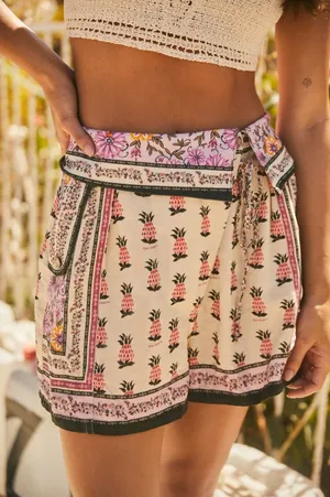 Agua Bendita Pink Cream Pineapple-Print Tie-Waist Short NWT thumbnail 1