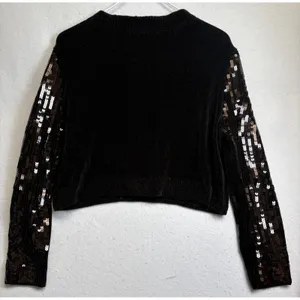 ZARA Sequin Pullover Top Black Cropped Long Sleeve Crew Neck Sweater Small thumbnail 3