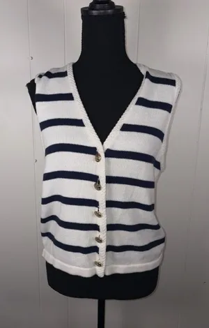 J Crew Sweater Vest Womens M Blue White Striped Button Front Nautical Preppy‎ thumbnail 1