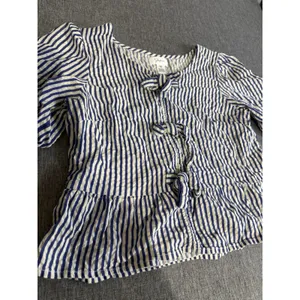 Japna Blue White Striped Tie Front Bow Puff Short Sleeve Square Neck Blouse M thumbnail 3