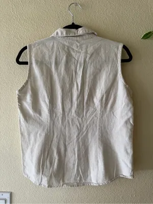 Vintage Sleeveless Embroidered Button-Front Cotton/Linen Top - Cream/Bei thumbnail 3