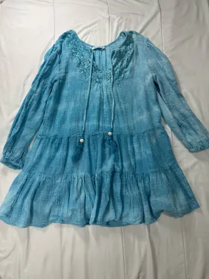 Blue Island Turquoise Boho Tiered Mini Dress Crochet Lace babydoll Cover Up Chic thumbnail 3